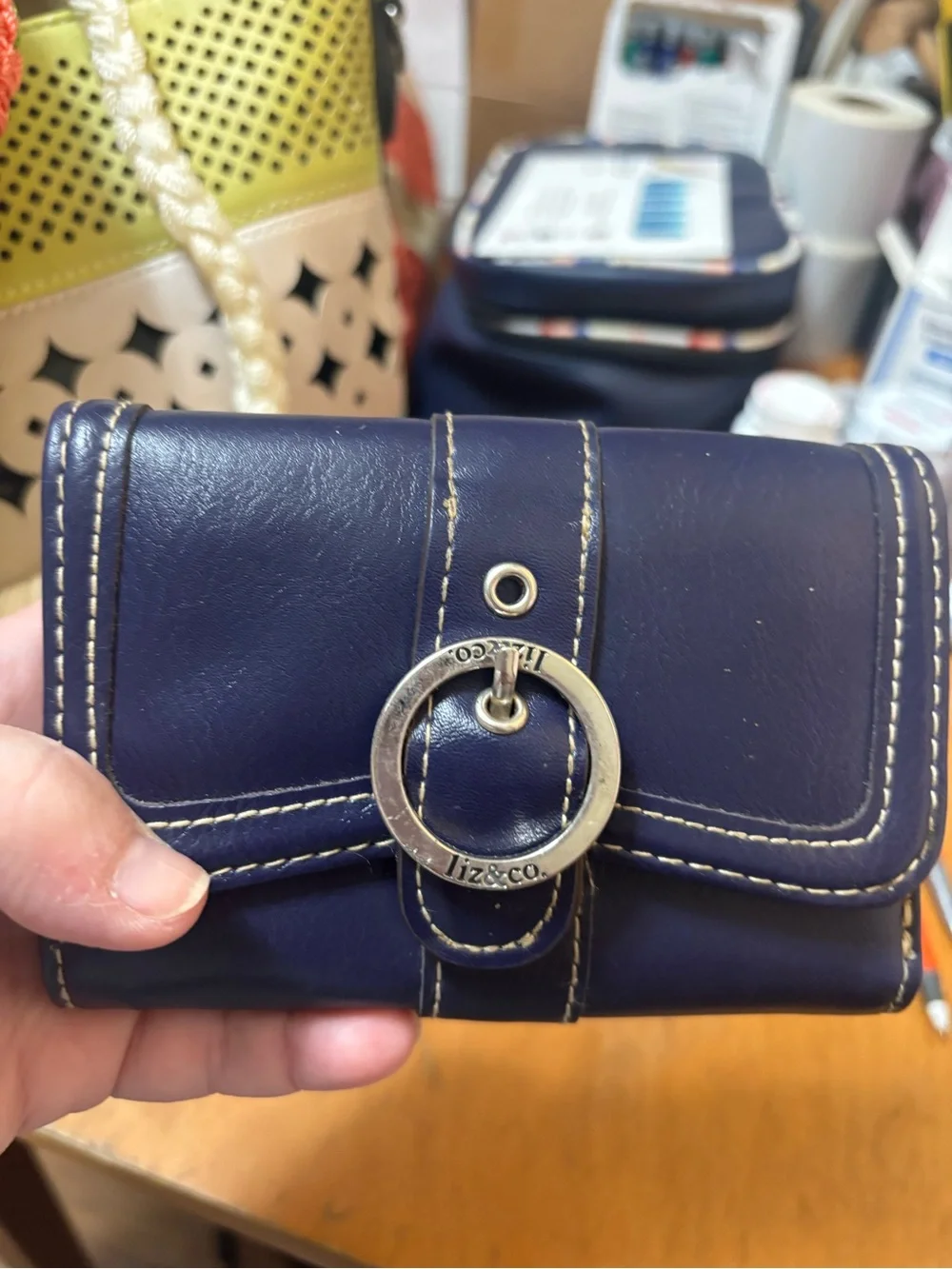 liz & co. navy leather tri-fold wallet with silver ring accent